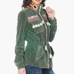 America & Beyond Bronze Green Velvet Embroidered Parka
